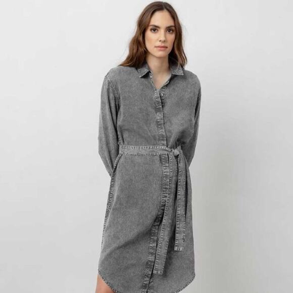 AVEC LES FILLES Denim Tie Waist Shirt Dress Acid Wash Black Gray {AA9} - Picture 1 of 4